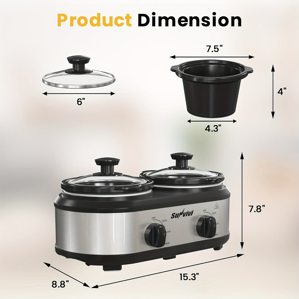 RoyalCraft Dual Slow Cooker & Buffet Server - 2 x 1.25QT Removable Ceramic Pots, Adjustable Temp, Stainless Steel Warmer for Parties & Entertaining - Black, Silver & Red