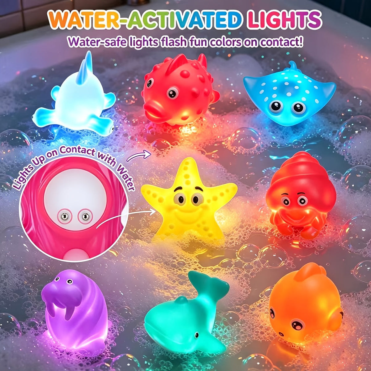 No-Hole Light-Up Glitter Sea Animal Bath Toys, Floating Bathtub Fishing Toy Set for Kids, Colorful Glow Water Toys for Bathtub Pool & Party Play, Random Colors, 2/4/6/8-Piece Sets