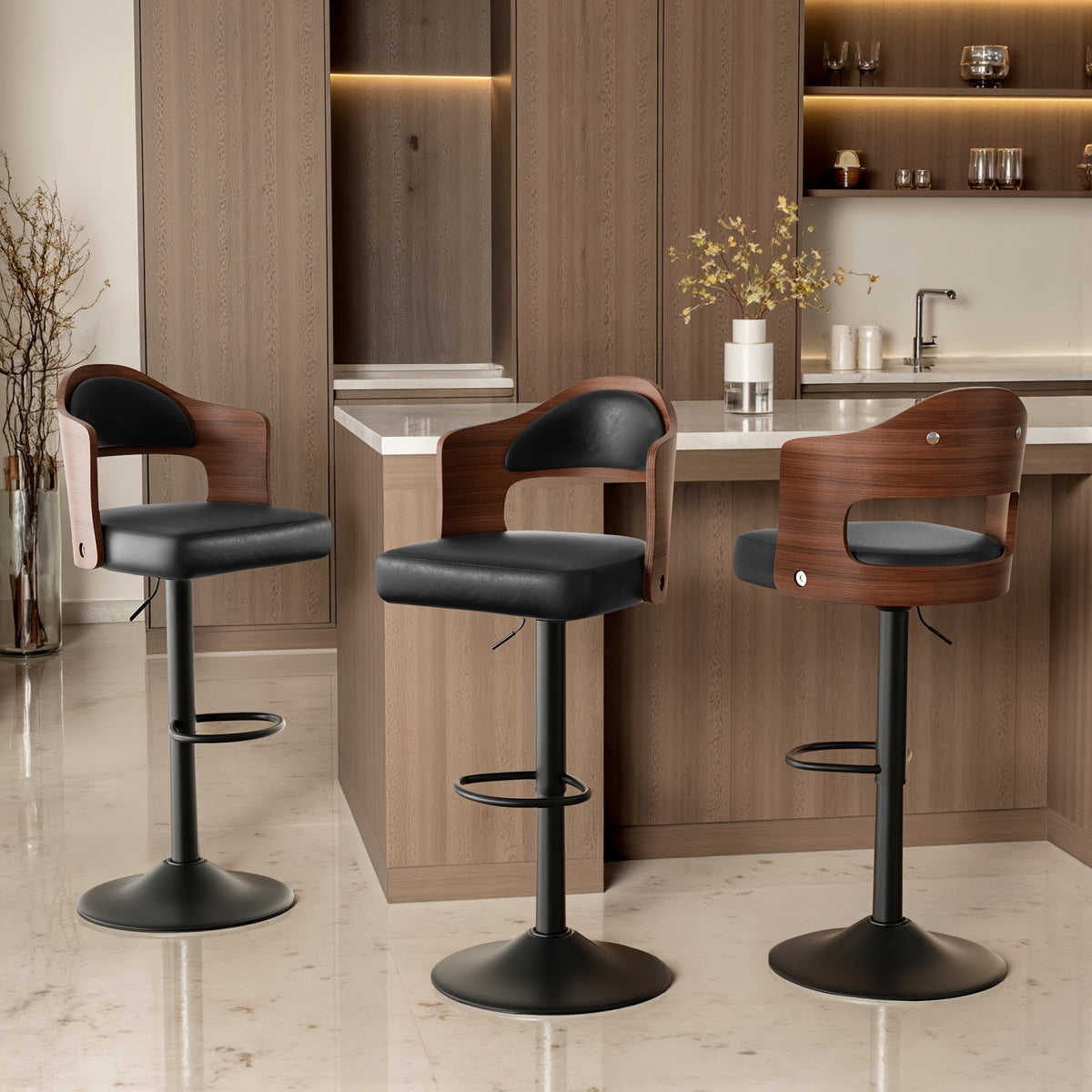 Swivel Bar Stools Set of 4 with PU Leather Upholstered Seat, Wooden Back & Footrest, Counter Height Bar Chairs for Kitchen Island and Dining Room, Black Brown Green White