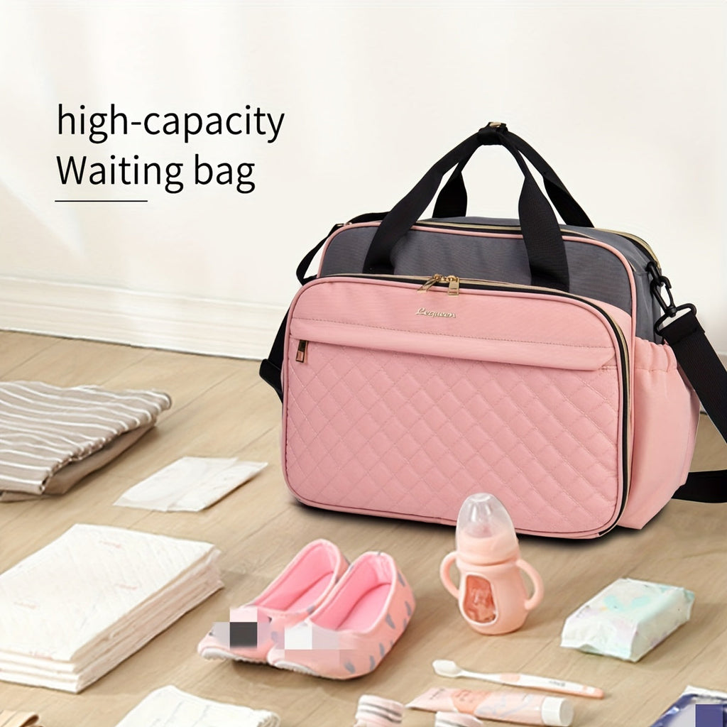 High-Capacity Quilted Oxford Diaper Bag with Crossbody Strap, Multi-Functional Large Capacity Baby Bag for Travel & Daily Use, Stylish Mom Bag in Black Grey & Pink Grey