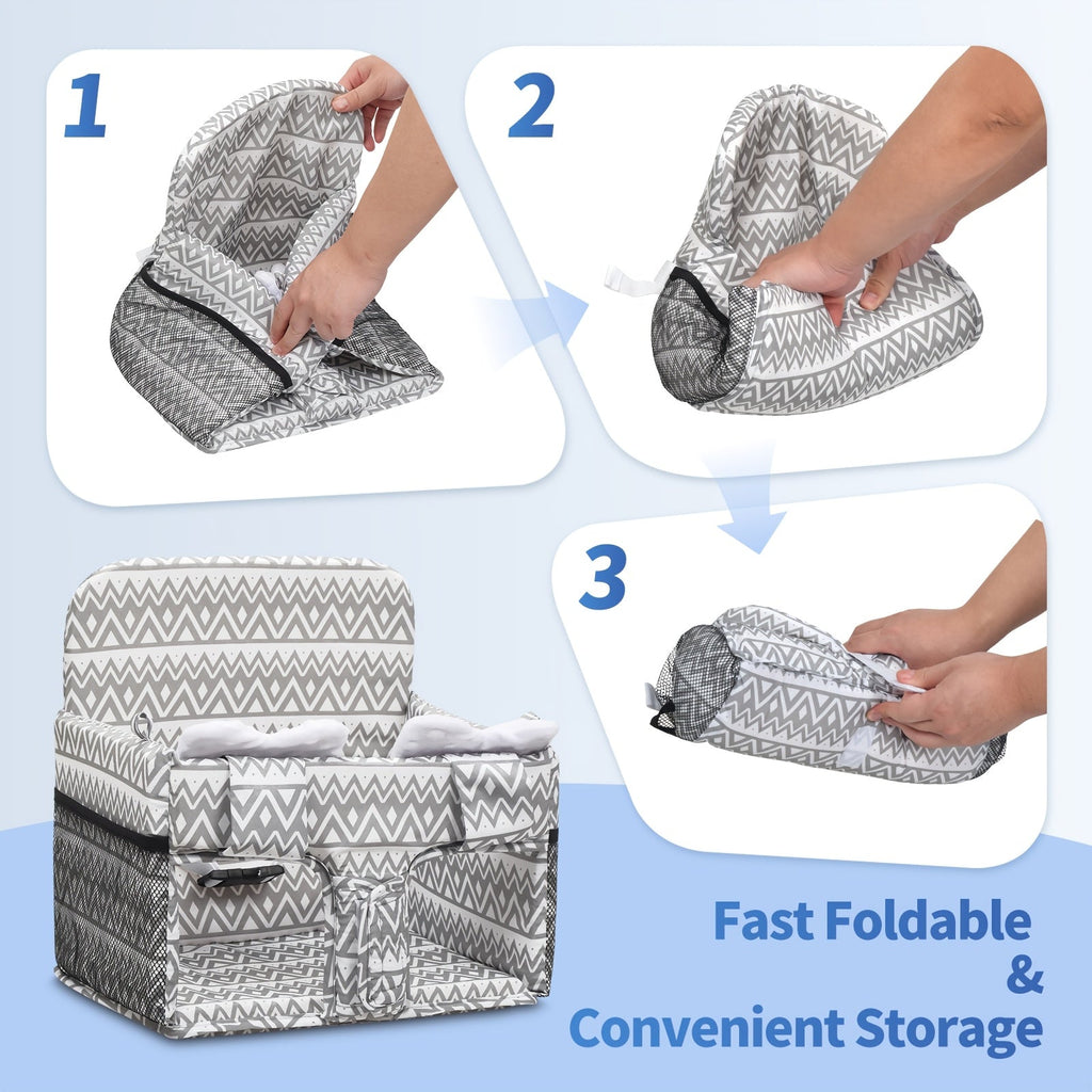 Dual-Use Kids Shopping Cart & High Chair Seat Cover, Soft Thick Breathable Foldable Seat Cushion with Side Storage Pocket for Travel & Home, Grey Waves & White Elegant