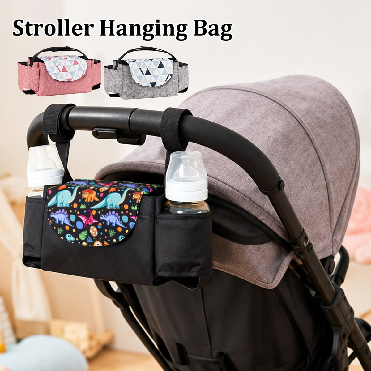 Portable Stroller Storage Bag, Large Capacity Polyester Organizer for Bottles Diapers & Essentials, Multifunctional Baby Stroller Bag for Home & Outings, Triangle Style