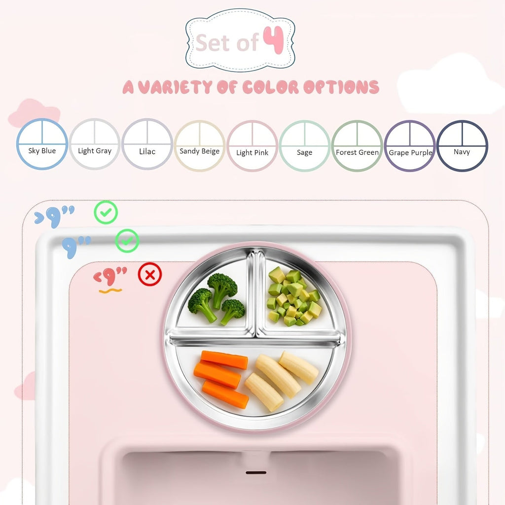 3-Piece Children's Tableware Set, Stainless Steel Plate with Wooden Fork & Spoon for Baby Food & Supplements, Drop-Resistant Easy to Clean, Gray Blue Light Pink & Dark Green, Holiday Gift