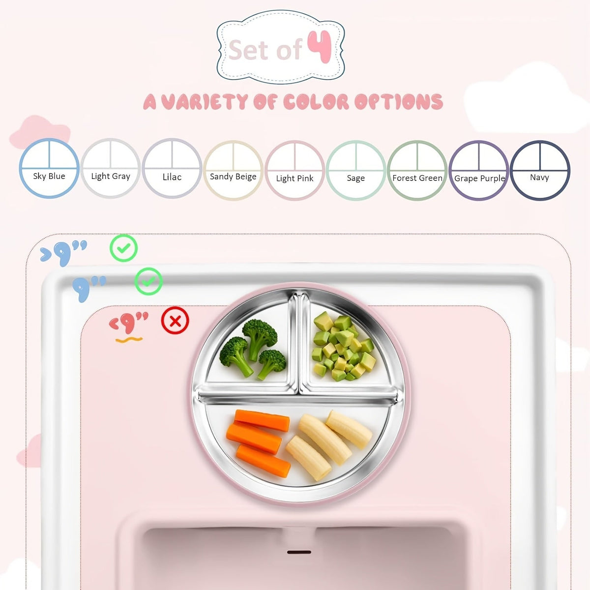3-Piece Children's Tableware Set, Stainless Steel Plate with Wooden Fork & Spoon for Baby Food & Supplements, Drop-Resistant Easy to Clean, Gray Blue Light Pink & Dark Green, Holiday Gift