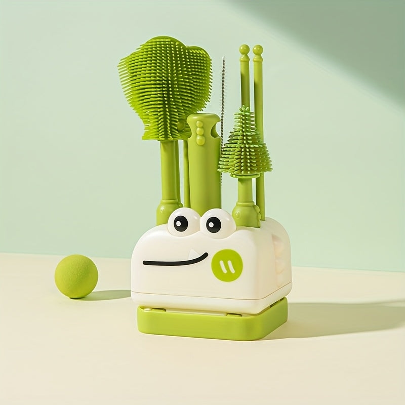 8-in-1 Silicone Baby Bottle Brush Cleaning Set with Portable Case, Drying Rack, Straw Brush & Nipple Brush, All-in-One Feeding Accessory for Home & Outdoor Use, 3 Colors Including Beige Green & Pink