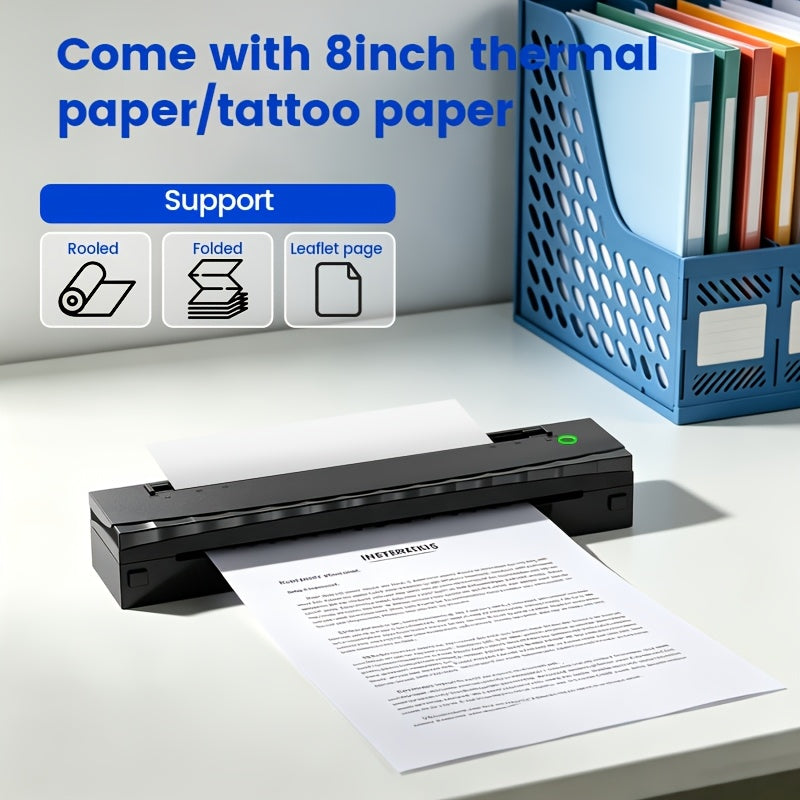 Portable A4 Wireless Thermal Tattoo Stencil Printer - Inkless, Rechargeable, Supports Transfer Paper Roll & Fanfold, Compatible with Android, iOS, Laptop & Tablet - Black