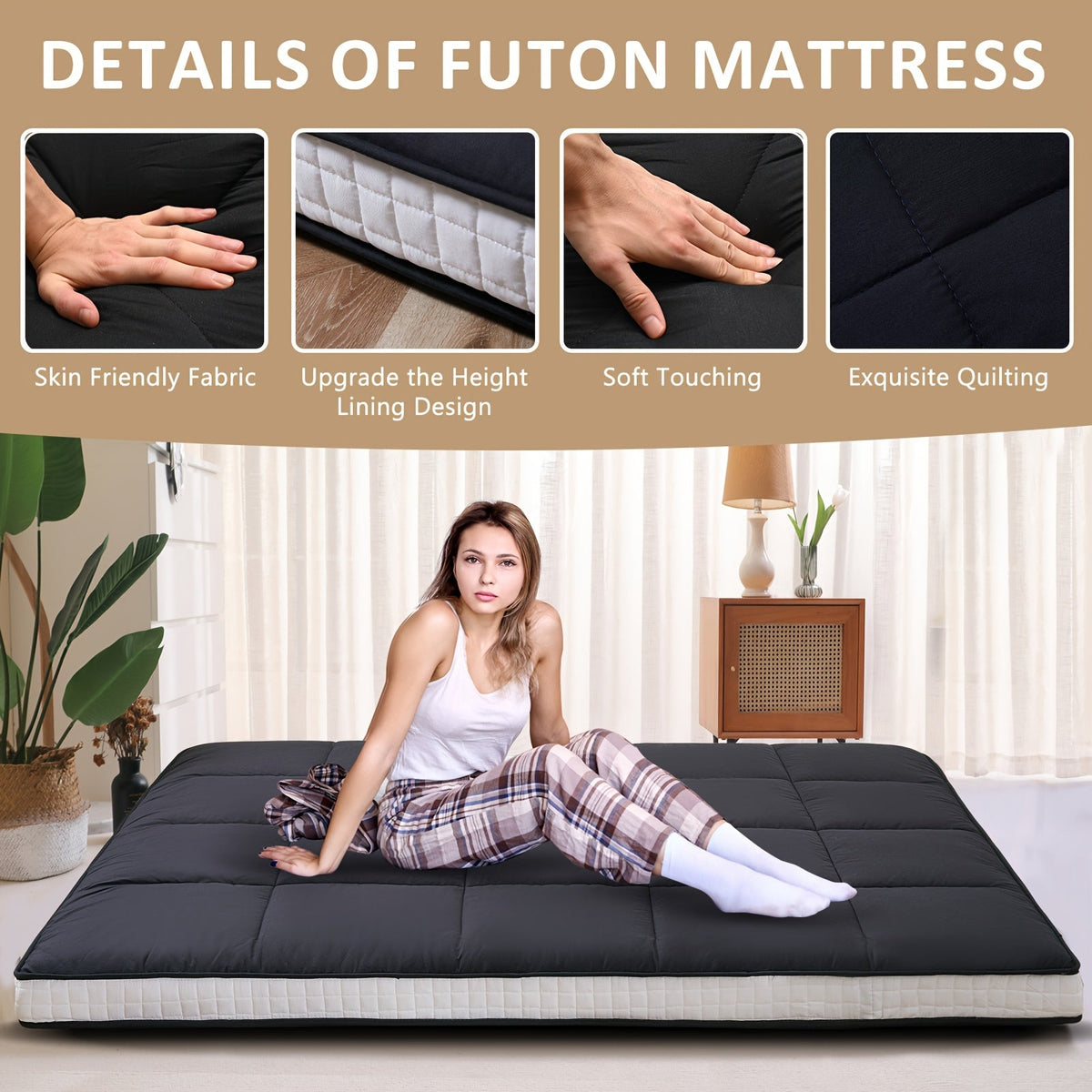 Japanese Floor Mattress Futon Twin Full Queen, Foldable Roll Up Tatami Sleeping Mat, Portable Floor Lounger Guest Bed for Camping & Couch, 4 Inch Thick, Black Gray