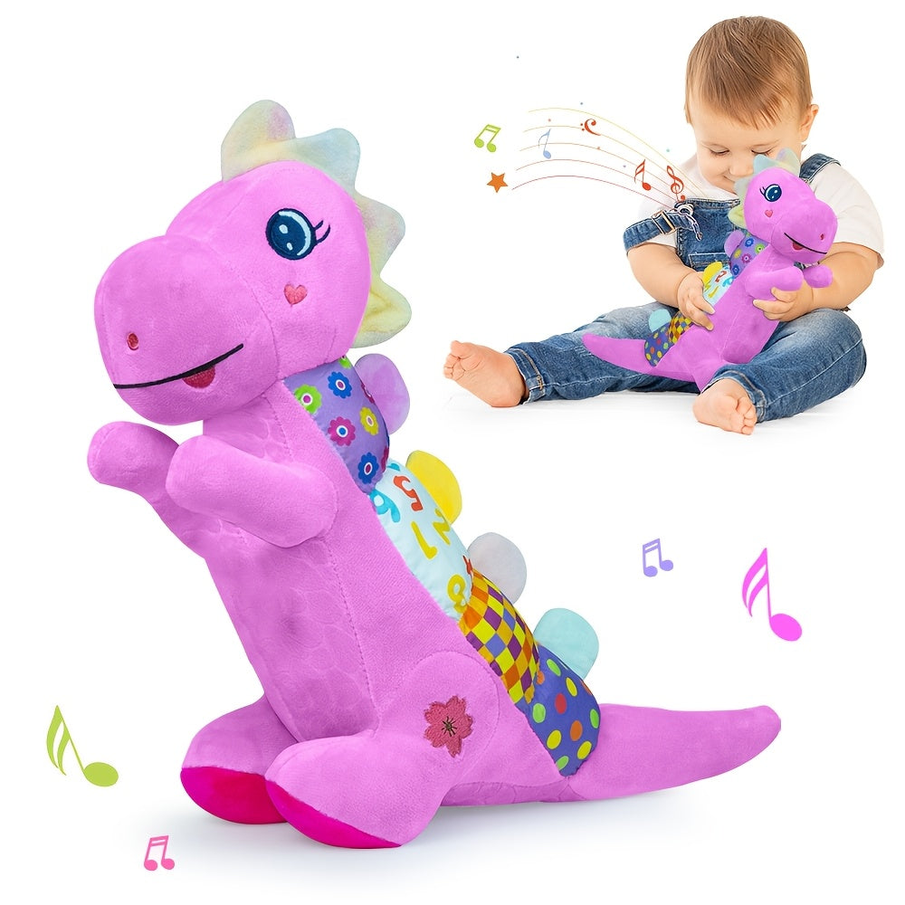 Musical Plush Stuffed Dinosaur Baby Toy with Teether, Crinkle Texture, Squeaky & Rattle, Multi-Sensory Infant Toy for 0-3-6-12+ Months, 3 Colors Including Pink Purple & Blue