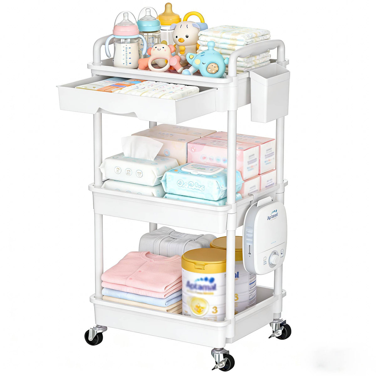 3-Tier & 4-Tier Mobile Nursery Storage Cart on Wheels, Space-Saving Rolling Organizer for Nursery & Baby Room Decor, Sturdy with Smooth Wheels, Baby Pink, Green, Blue, Purple, White, Black & Grey