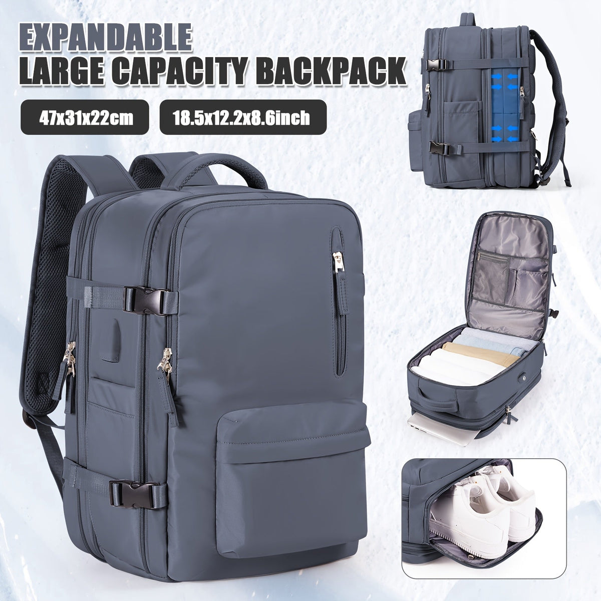 Expandable Cabin Bag & Travel Backpack - Under-Seat, Ryanair & EasyJet Approved, Budget Airline-Friendly, Shoe Compartment, Zippered - Blue, Purple Taro, Purple & Lotus Pink