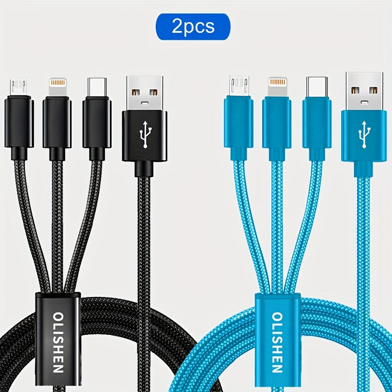 2-Pack 3-in-1 Fast Charging Cable - Nylon Braided Lightning, USB-C & Micro USB - 1m, 2m & 3m - For iPhone 6–17, Samsung, Huawei, Oppo, Vivo & More - 8 Color Combos