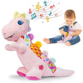 Musical Plush Stuffed Dinosaur Baby Toy with Teether, Crinkle Texture, Squeaky & Rattle, Multi-Sensory Infant Toy for 0-3-6-12+ Months, 3 Colors Including Pink Purple & Blue