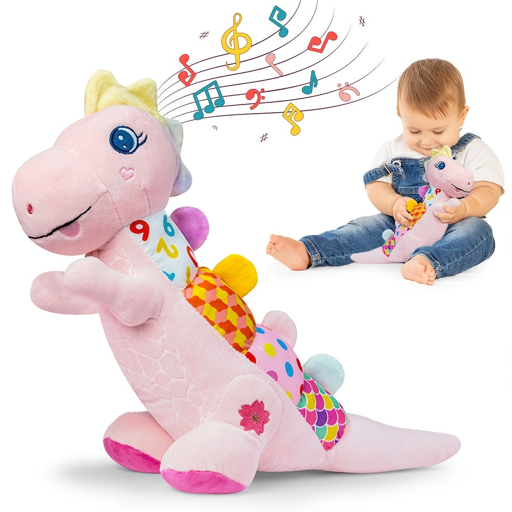Musical Plush Stuffed Dinosaur Baby Toy with Teether, Crinkle Texture, Squeaky & Rattle, Multi-Sensory Infant Toy for 0-3-6-12+ Months, 3 Colors Including Pink Purple & Blue