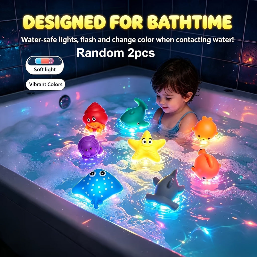 No-Hole Light-Up Glitter Sea Animal Bath Toys, Floating Bathtub Fishing Toy Set for Kids, Colorful Glow Water Toys for Bathtub Pool & Party Play, Random Colors, 2/4/6/8-Piece Sets
