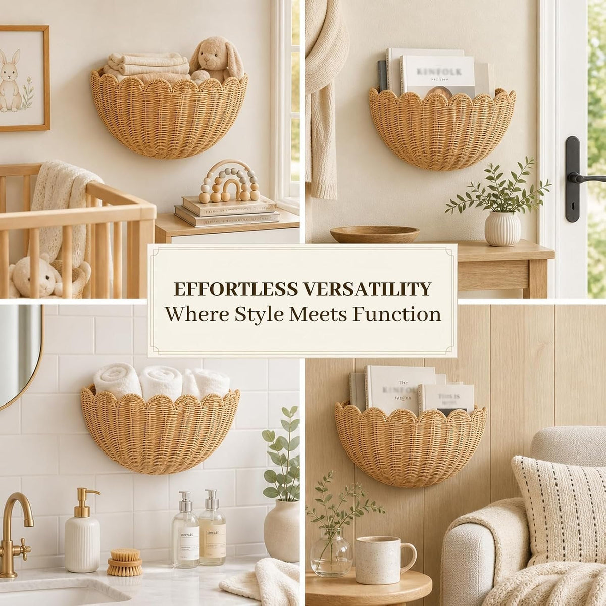 2-Piece Scalloped Hanging Wicker Wall Basket Set Hand Woven Rattan Wall Storage & Decor 16×12×7 & 14×8×6 In – Home Bathroom Kitchen & Living Room