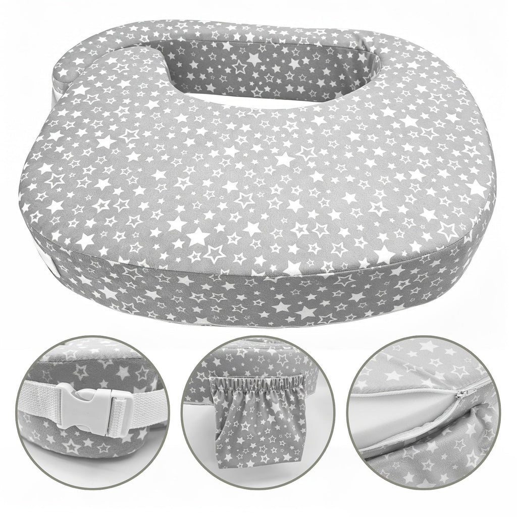 High-Support Nursing Pillow for Breastfeeding & Bottle Feeding, Ergonomic Lap Pillow with Spacious Comfort Surface for Newborns & Infants, 3 Styles Including Grey Stars Pink Bow & Beige Flowers