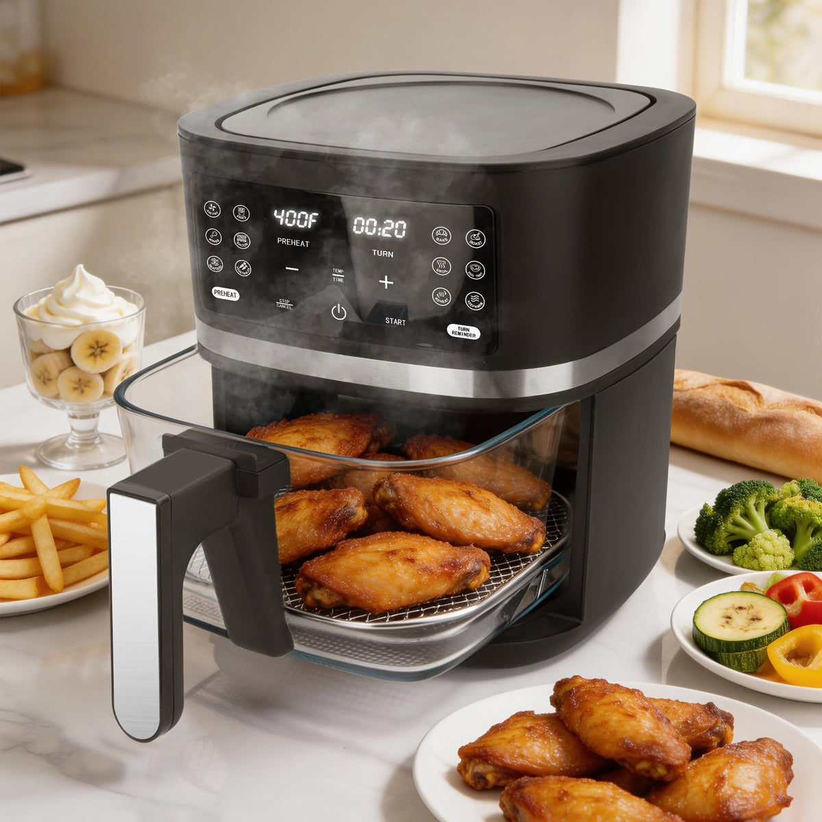 Glass Air Fryer 4.5 Quart 12-in-1, Non-Toxic Borosilicate Glass Basket, Dishwasher-Safe, PFOA/PFAS Free, Programmable Time & Temp, Healthy Cooking Air Fryer for Family, Graphite