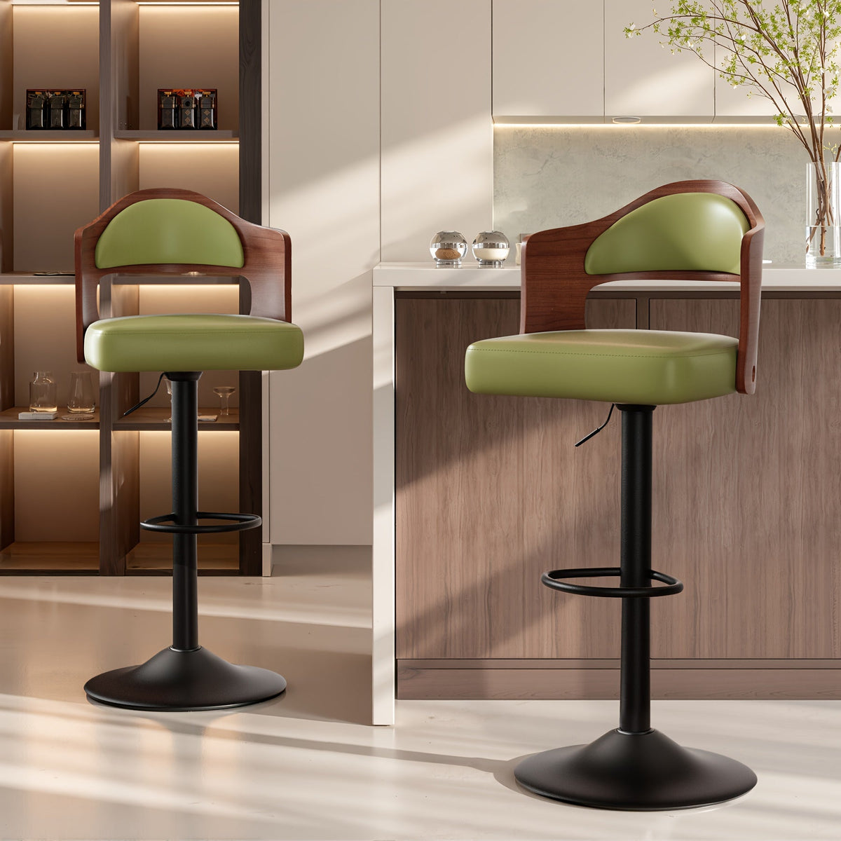 Swivel Bar Stools Set of 4 with PU Leather Upholstered Seat, Wooden Back & Footrest, Counter Height Bar Chairs for Kitchen Island and Dining Room, Black Brown Green White