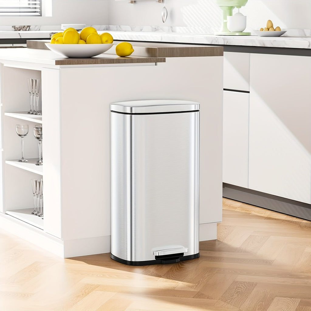 Stainless Steel Step Trash Can 7.93 Gallon – Soft-Close Hinged Lid Odor-Seal Waste Bin with Removable Inner Bucket for Kitchen Bathroom Bedroom in 6 Colors