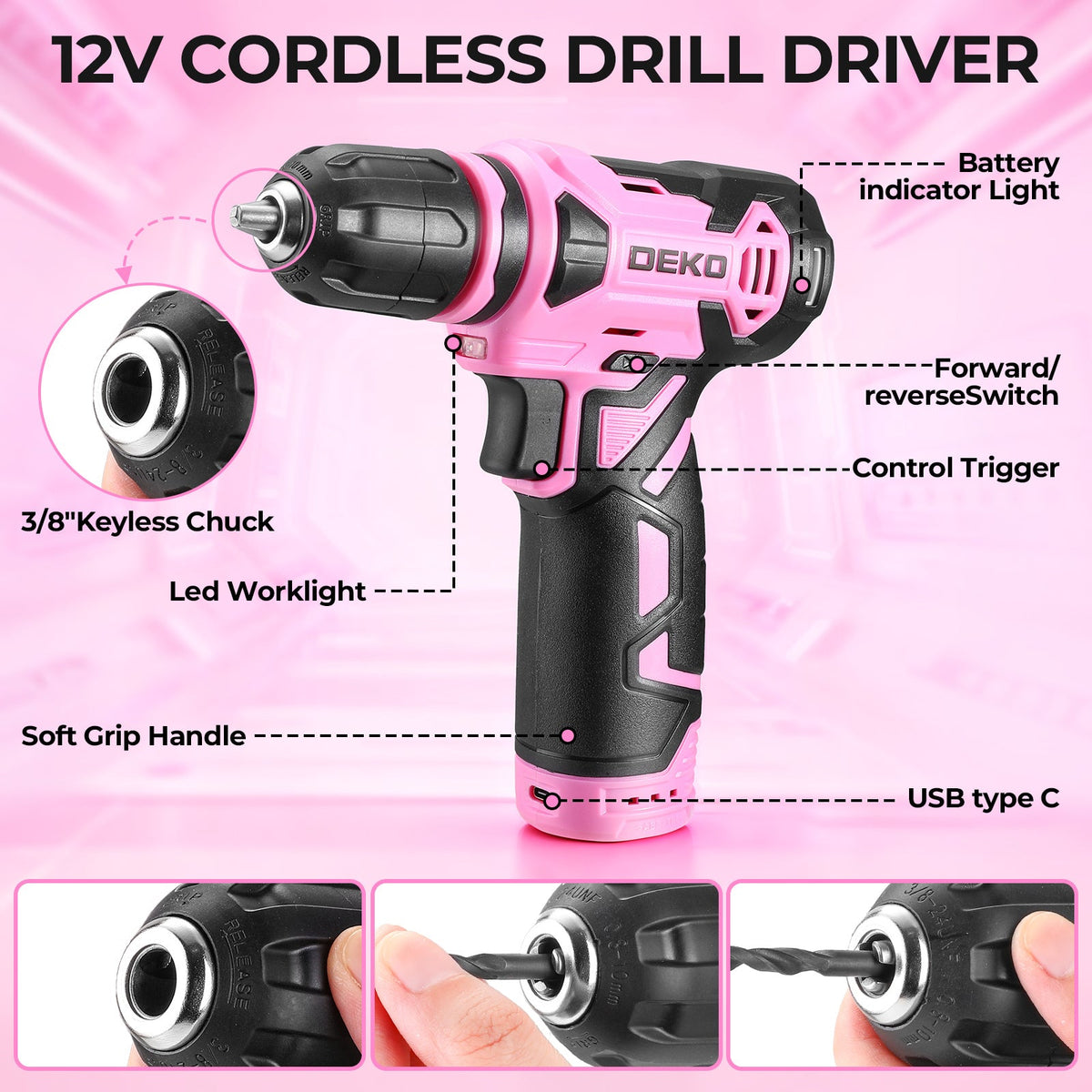 DEKO 151-Piece Tool Set with 12V Cordless Drill – Complete Home Repair Kit with Screwdrivers Hammer Tape Measure & Precision Tools in 5 Colors