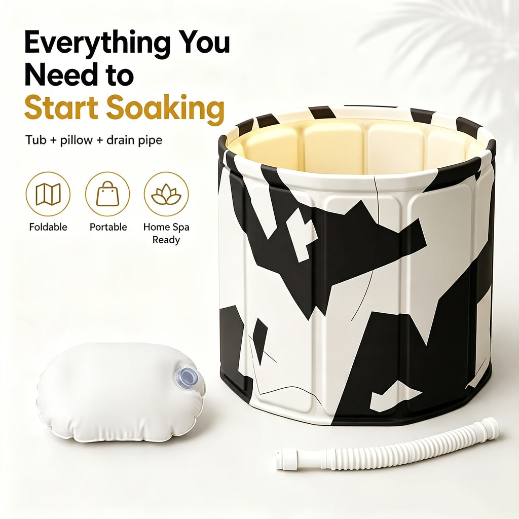 Foldable Adult Soaking Tub - Hot & Cold Full Body Bath Barrel with Pillow & Drain Hose, Non-Slip Base, Portable Space-Saving for Home Travel Small Spaces - Cow Print