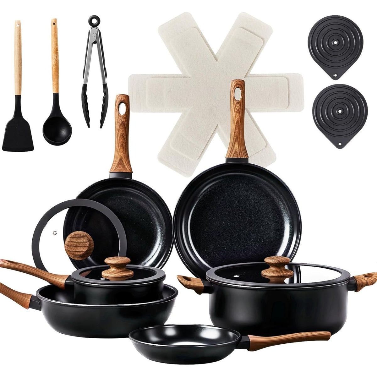 Nonstick Pots and Pans Set with Detachable Handles 15-23 Piece, Cast Aluminum Cookware Set Dishwasher Safe PFAS PFOA Free, Induction Compatible Kitchen Cooking Set with Utensils for RV Home, Black Cream White