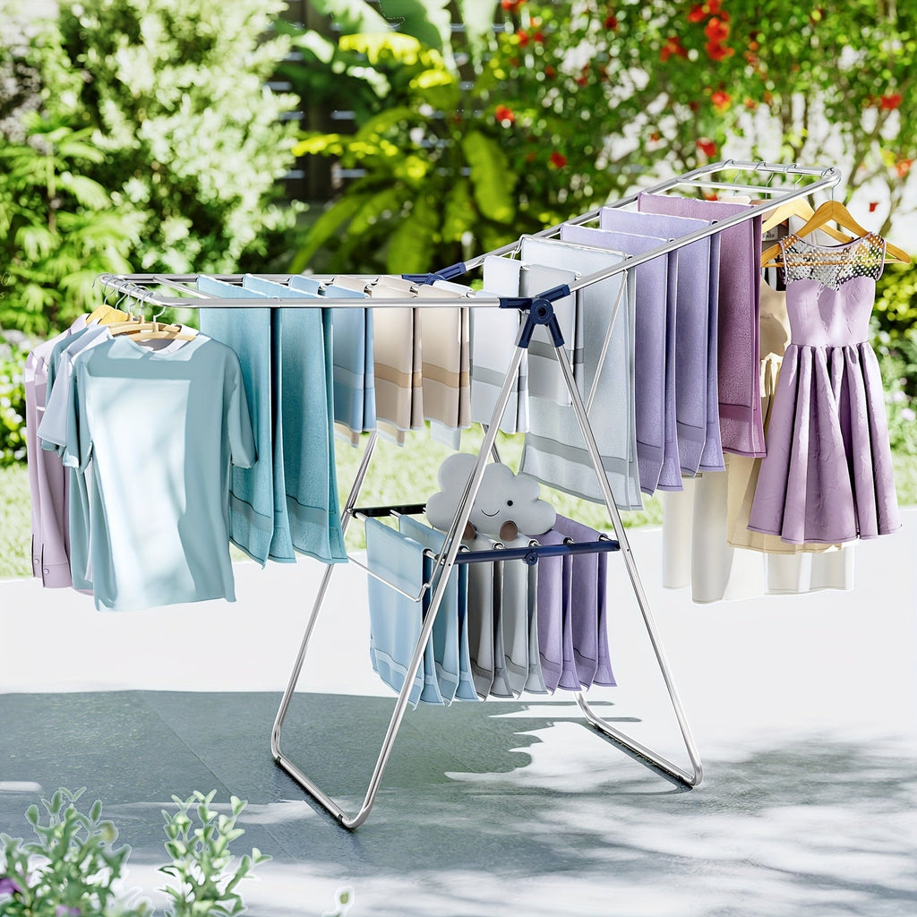 Foldable Laundry Drying Rack Two-Tier with Adjustable Wings – Clothes & Towel Drying Stand for Indoor Outdoor Home Use Space-Saving Collapsible Design