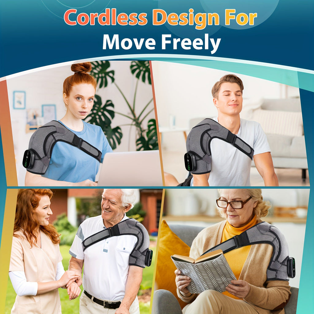 Wireless Heated Shoulder Wrap & Massager - 3 Heat & 3 Vibration Settings, Adjustable Straps, for Shoulder & Knee Pain Relief, Portable for Home & Travel - 2026 Remote Control Model