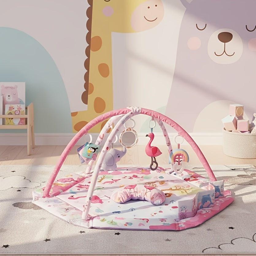Foldable Hexagonal Baby Activity Mat & Play Gym with 5 Sensory Toys & Exercise Ball, Multi-Functional Infant Crawling Training Mat for Newborns & Toddlers, Pink