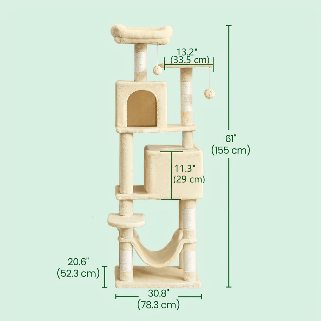 61-Inch Multi-Level Cat Tree Tower – Plush Cat Condo with 5 Scratching Posts 2 Perches 2 Caves Hammock & Pompoms for Indoor Cats in 7 Colors