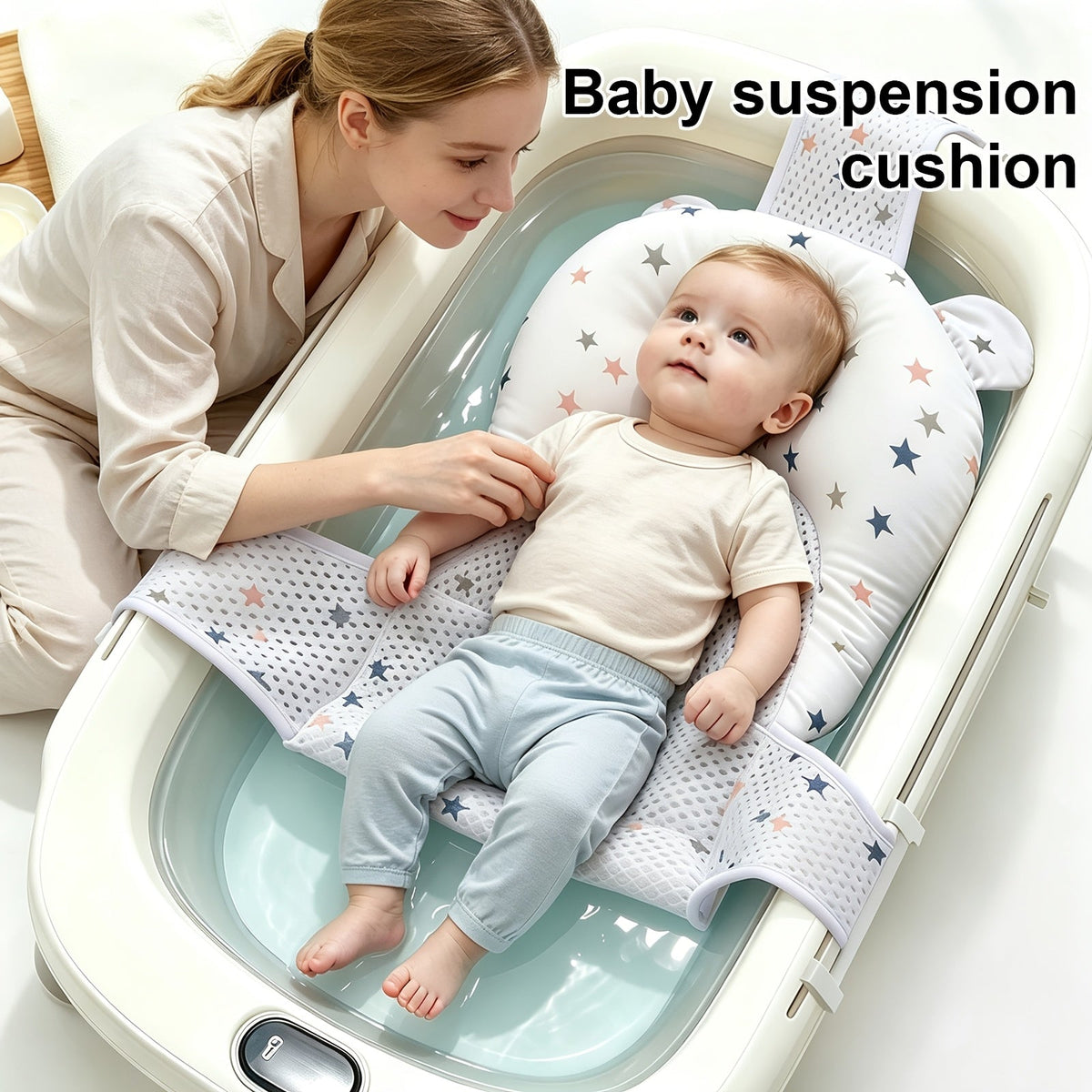 Baby Bath Mat with Star Pattern, 3-Point Adjustable Buckle Safety Baby Bathtub Mat with Breathable Mesh Bottom for Newborns 0–1 Year Old, Non-Slip Infant Bath Support Mat, White Star