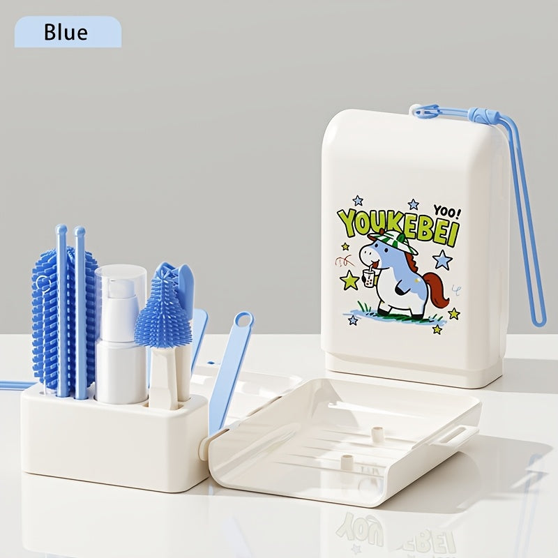 Book-Shaped Portable Baby Bottle Cleaning Brush Set, Multi-Functional Kit with Bottle Brush Nipple Brush Straw Brush Cup Brush & Draining Rack, Lightweight Travel Bottle Cleaning Tools, Green & Blue