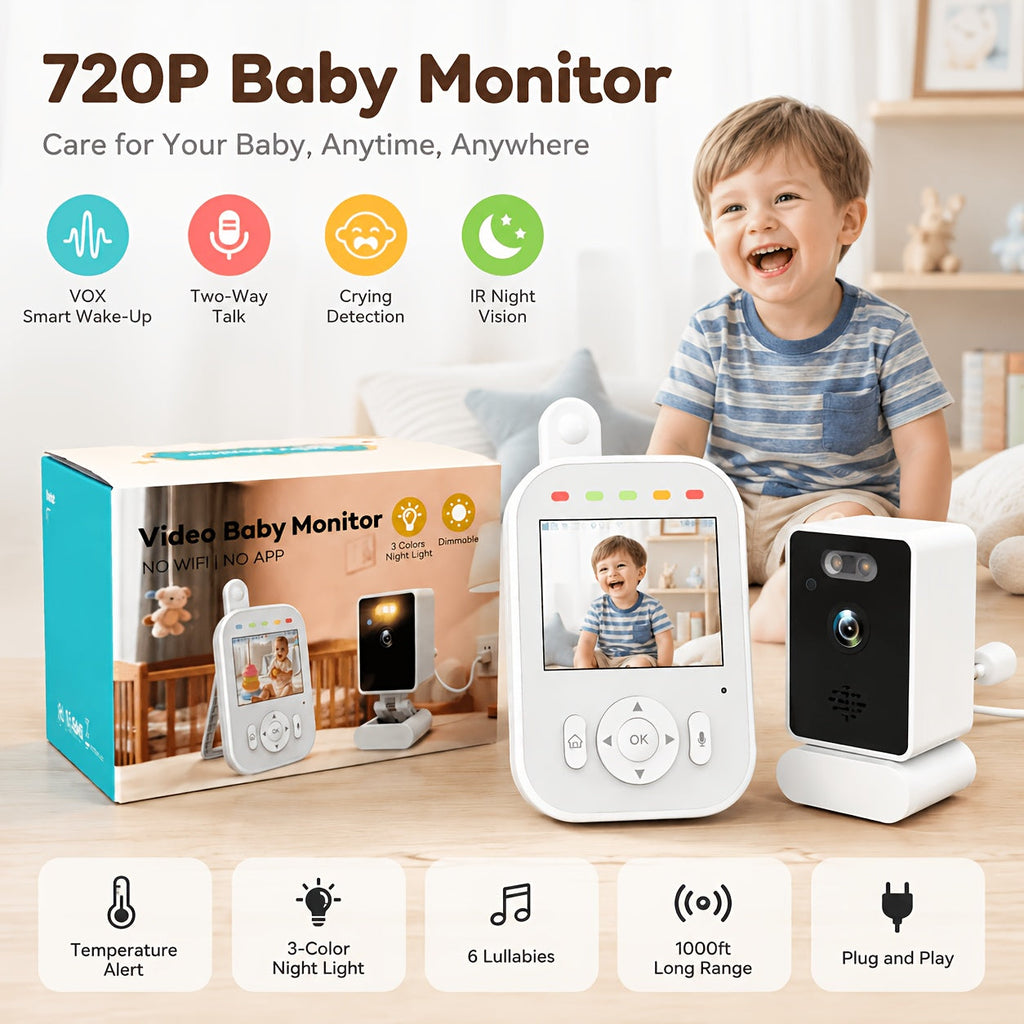 Baby Video Monitor, 2.8-Inch Screen 720p Wireless Baby Monitor with Night Vision Two-Way Audio VOX Mode 6 Lullabies Feeding Alarm & Manual Camera Rotation, No WiFi or App Required, Anti-Hacking, White