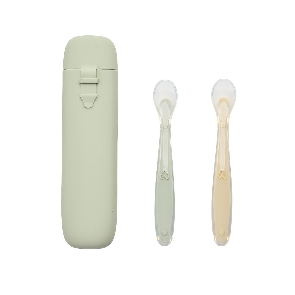 3-Piece Silicone Kids Cutlery & Storage Box Set with Spoon, Portable Compact Feeding Tableware for Travel School & Daycare, BPA-Free Toddler Utensil Set in Bright Colors