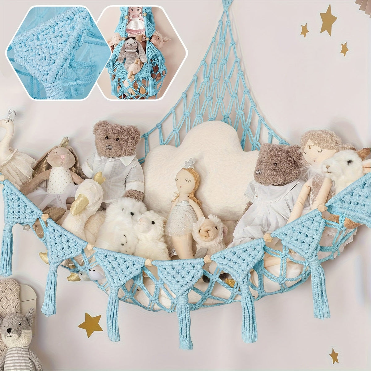 Macrame Stuffed Animal Storage Hammock, Jumbo Corner Hanging Plushie Net Organizer for Kids Nursery & Bedroom Decor, 9 Colors Including White Gray Pink Black & Rainbow