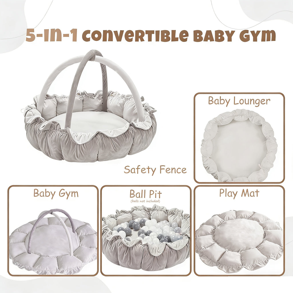 5-in-1 Thick Plush Baby Play Gym Convertible Activity Mat 6 Detachable Toys Tummy Time Mat Ball Pit Baby Lounger for Newborn to Toddler – Pink