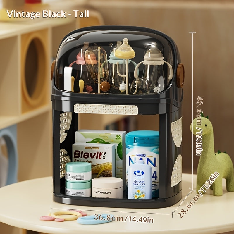 Multi-Functional Baby Bottle Drying Rack with Dust-Proof Flip Cover, Large Capacity PP Single or Double-Layer Rack with Formula Storage, 3 Colors Including Cream White Green & Black