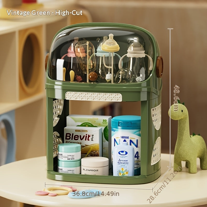 Multi-Functional Baby Bottle Drying Rack with Dust-Proof Flip Cover, Large Capacity PP Single or Double-Layer Rack with Formula Storage, 3 Colors Including Cream White Green & Black