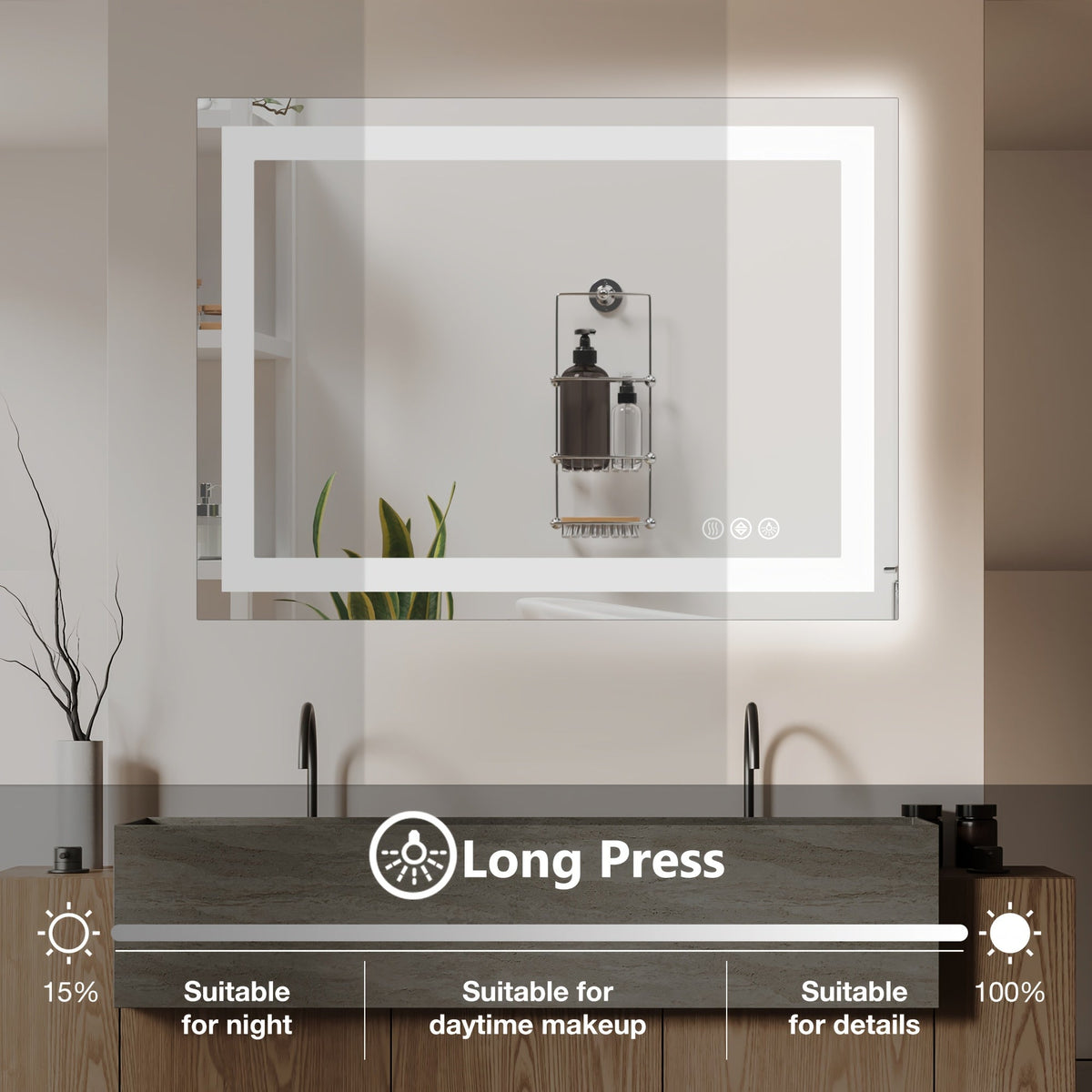 Anti-Fog LED Bathroom Mirror – Dual Light Source 3 Color Modes Dimmable Wall Mounted Vanity Mirror Horizontal Vertical in 6 Sizes
