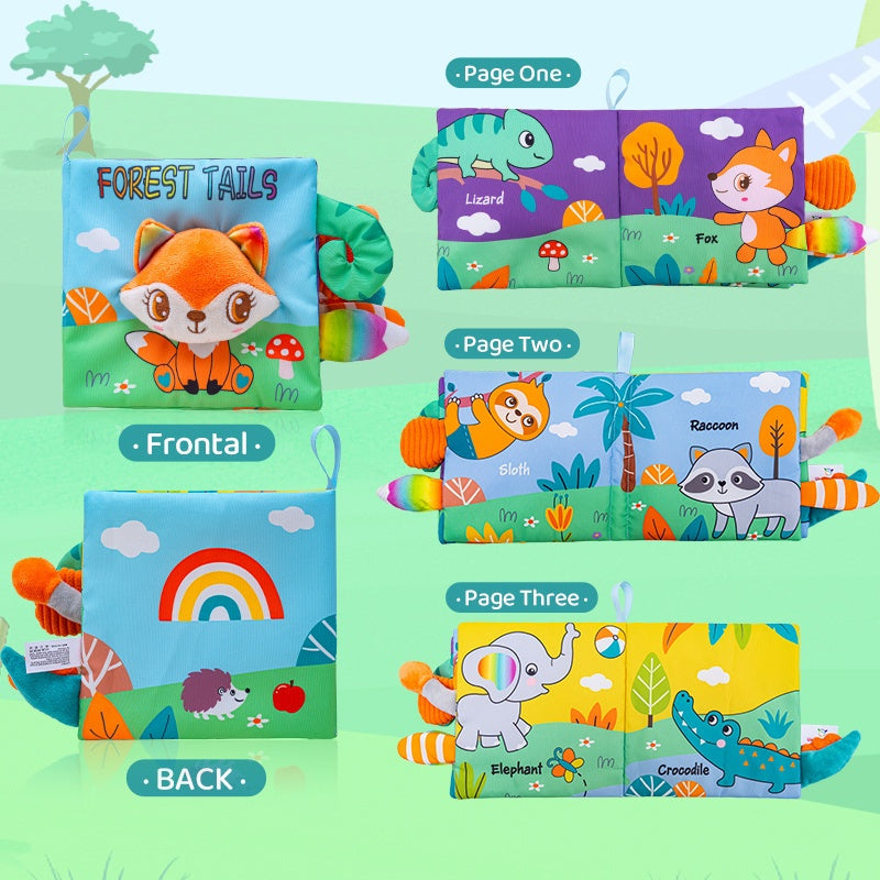 Baby Cloth Sensory Book with 3D Animal Tails, Interactive Soft Fabric Book for Infants & Toddlers 0-12 Months, Crinkle Teething Toy for Cognitive & Motor Skills Development, No Batteries Needed