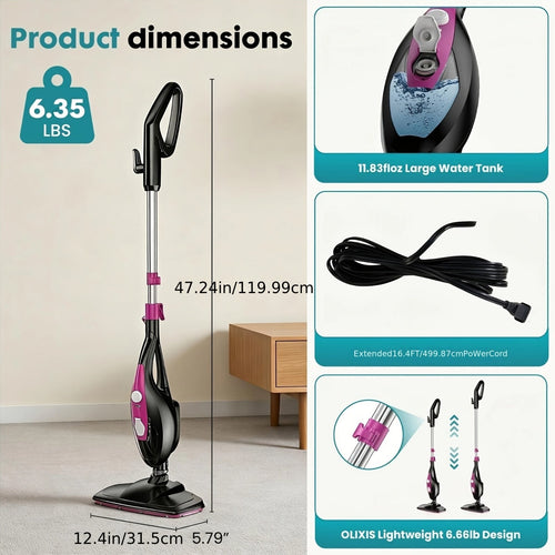 10-in-1 Steam Mop & Handheld Steam Cleaner - 1550W, Detachable, 2 Reusable Pads, 16.4ft Cord - Hardwood, Tile, Grout, Carpet & Windows - Black & Pink
