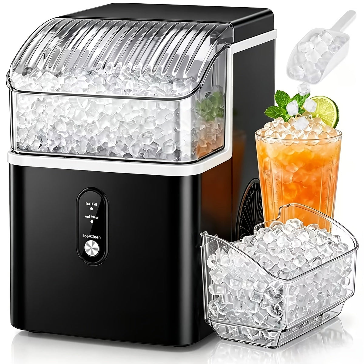 Countertop Nugget Ice Maker 35Lbs/Day 2025 Upgraded, Self-Cleaning Pebble Ice Maker with Stainless Steel Housing, One-Click Operation & Water Reservoir, Soft Chewable Pellet Ice for Home & Kitchen, Black Gray Steel