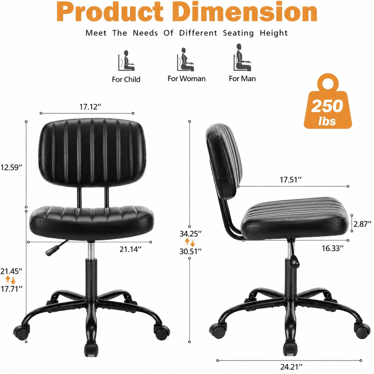 Armless Desk Chair PU Leather with Lumbar Support – Height Adjustable Rolling Swivel Task Chair for Home Office Bedroom Vanity Students Adults