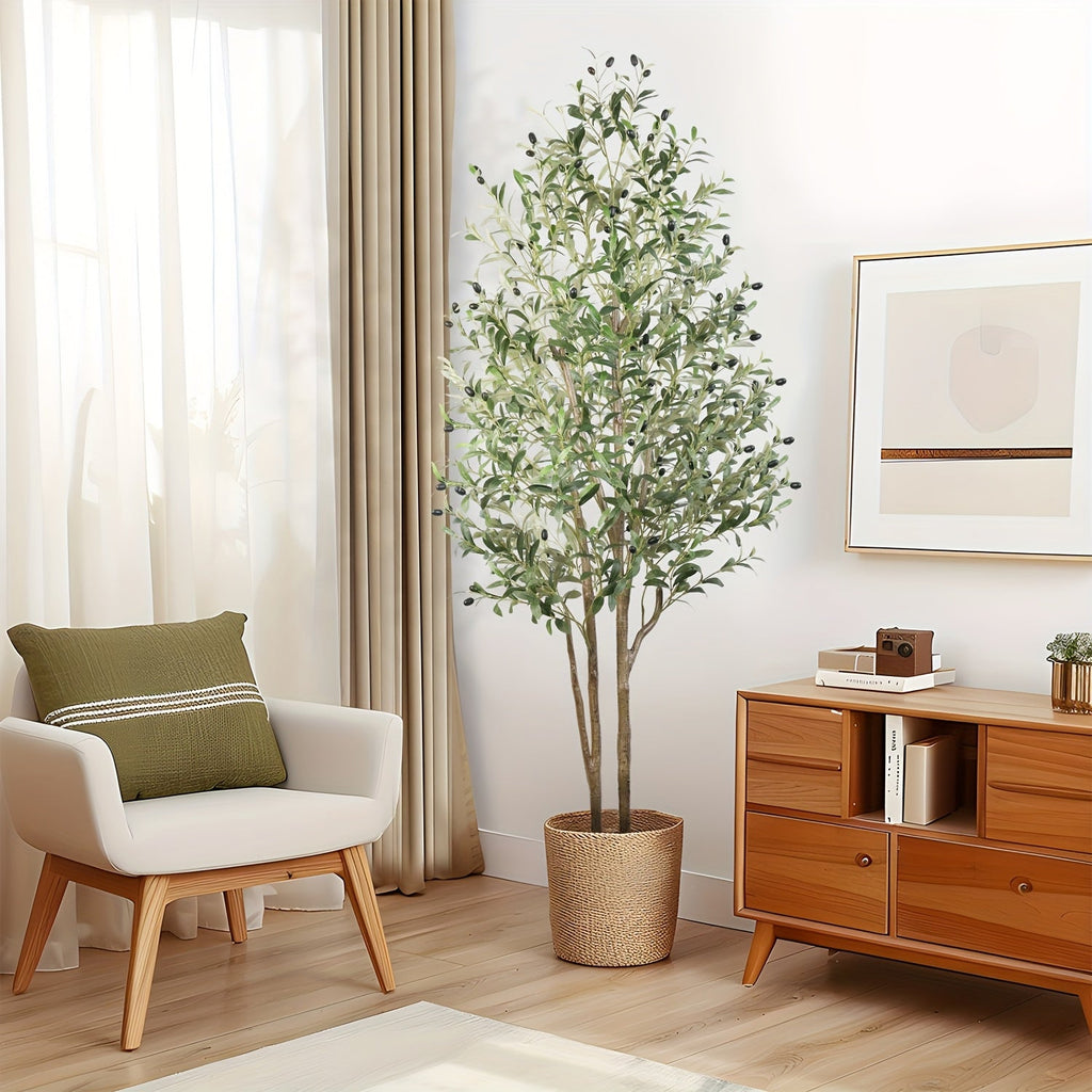 Artificial Olive Tree 4/5/6/7ft – Double Pole Silk Leaves & Faux Fruit Realistic Wood Trunk Faux Moss Potted Faux Plant for Home Living Room Indoor Outdoor Decor