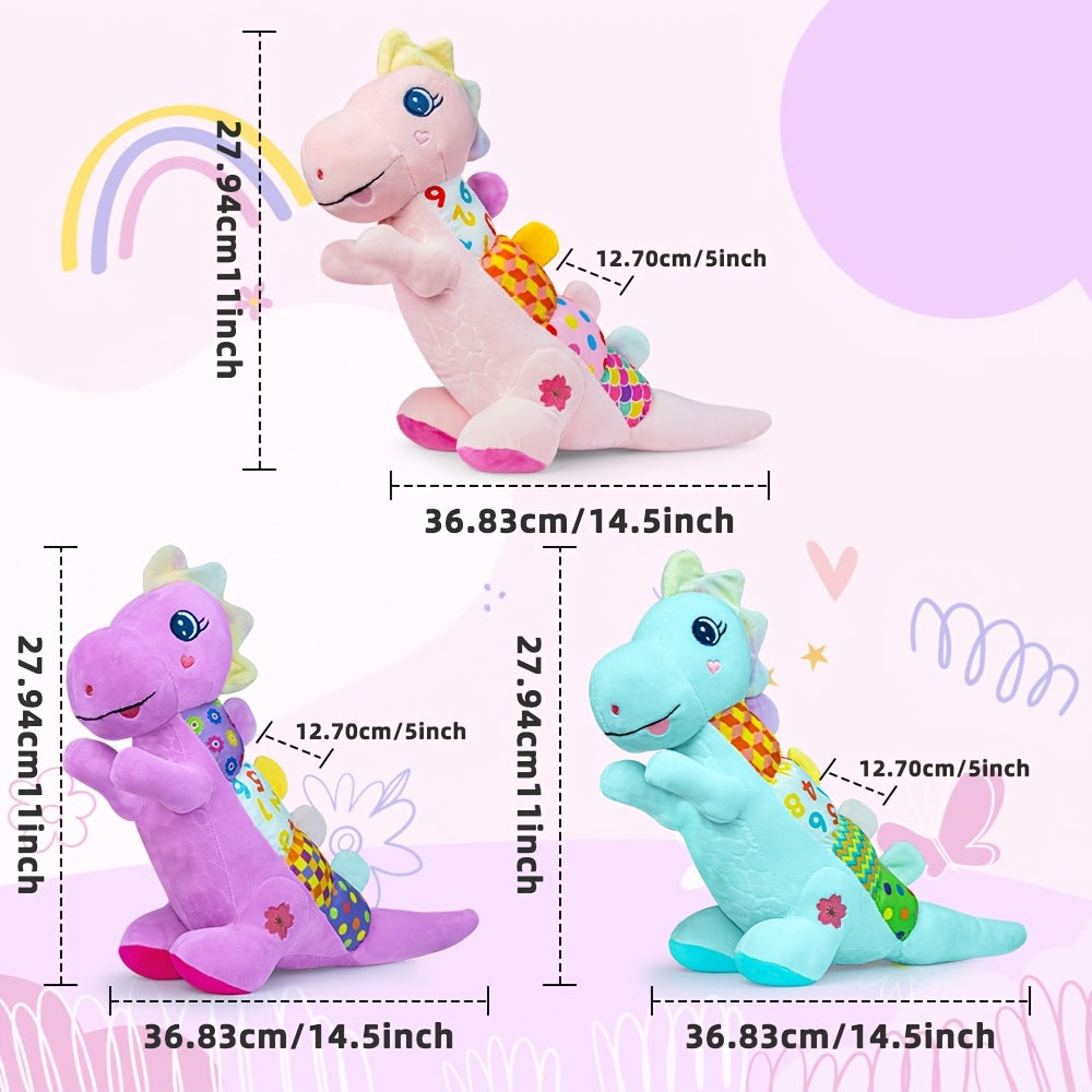 Musical Plush Stuffed Dinosaur Baby Toy with Teether, Crinkle Texture, Squeaky & Rattle, Multi-Sensory Infant Toy for 0-3-6-12+ Months, 3 Colors Including Pink Purple & Blue