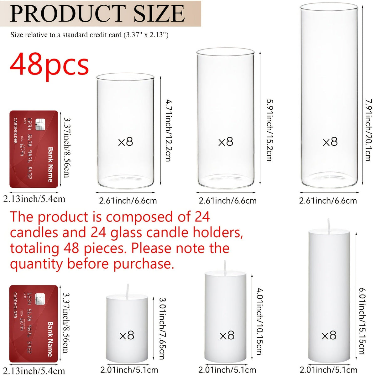 White Pillar Candles with Clear Glass Hurricane Holders Cylinder Candle Vases Set for Wedding Centerpiece Party Table Decor Home Office 23 24 or 48 Pieces