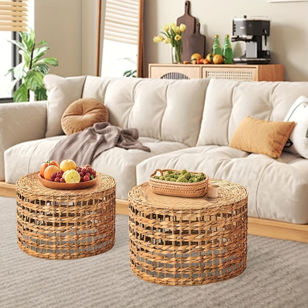 Handwoven Water Hyacinth Outdoor Side Tables Set of 2 Round Patio End Tables for Garden Backyard Porch & Indoor Plant Stands – Natural Seagrass Weave, High & Low Styles, Pro Option Available