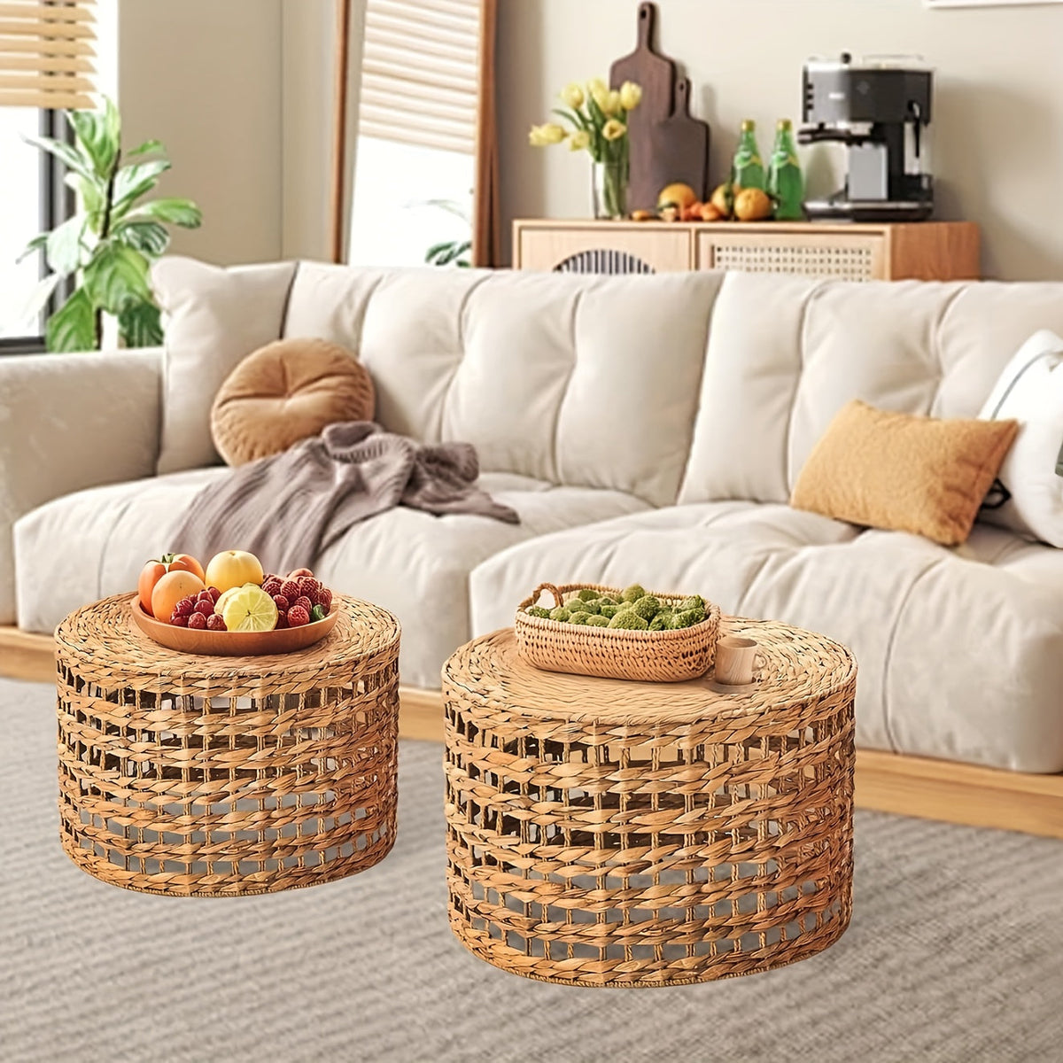 Handwoven Water Hyacinth Outdoor Side Tables Set of 2 Round Patio End Tables for Garden Backyard Porch & Indoor Plant Stands – Natural Seagrass Weave, High & Low Styles, Pro Option Available
