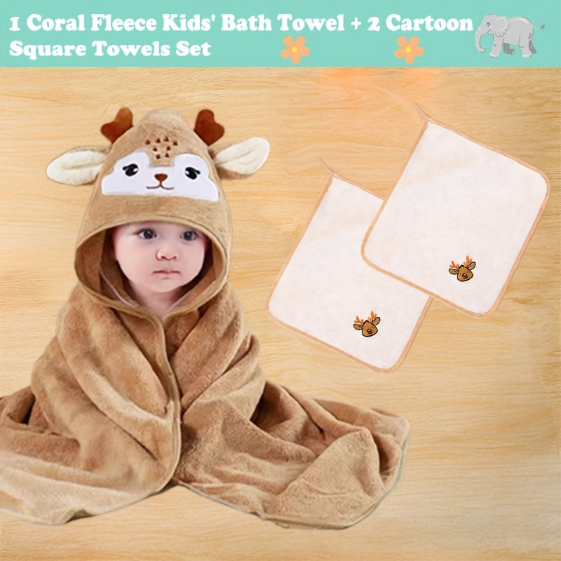 Baby Hooded Bath Towel 3-Piece Set, 1 Soft Absorbent Hooded Towel + 2 Cartoon Hand Towels, Non-Shedding Infant Bath Set, 7 Cute Animal Designs Including Duck Elk Koala Panda Rabbit Dinosaur & Penguin