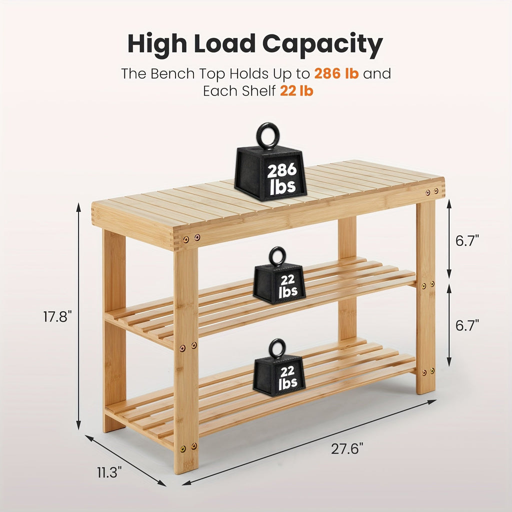 3-Tier Bamboo Shoe Rack Bench - 27.6in Wide, 286lb Capacity, Compact Storage Organizer - Entryway, Bedroom, Living Room & Balcony - Wood & Brown